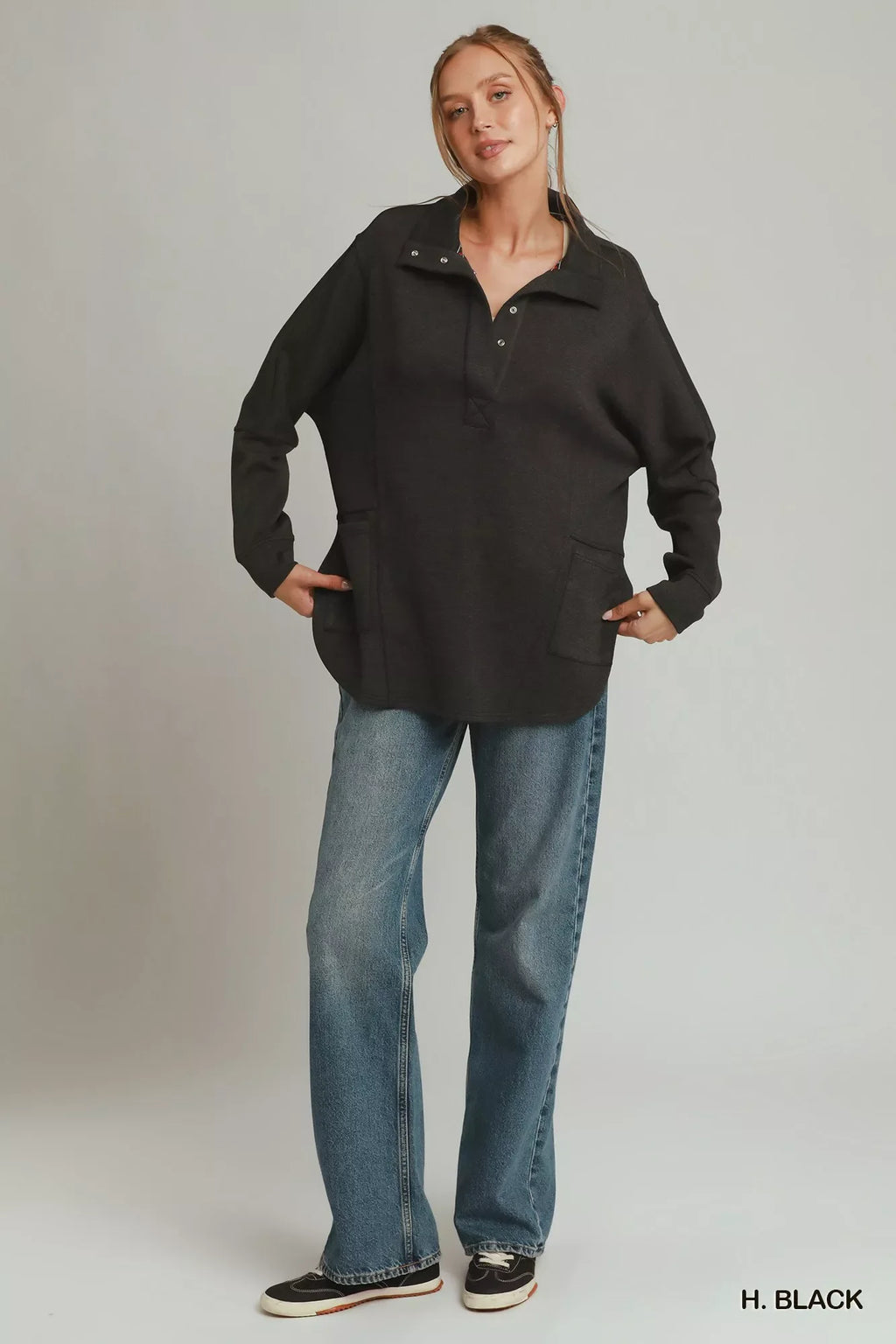 Umgee Half Placket Sweatshirt with Pockets