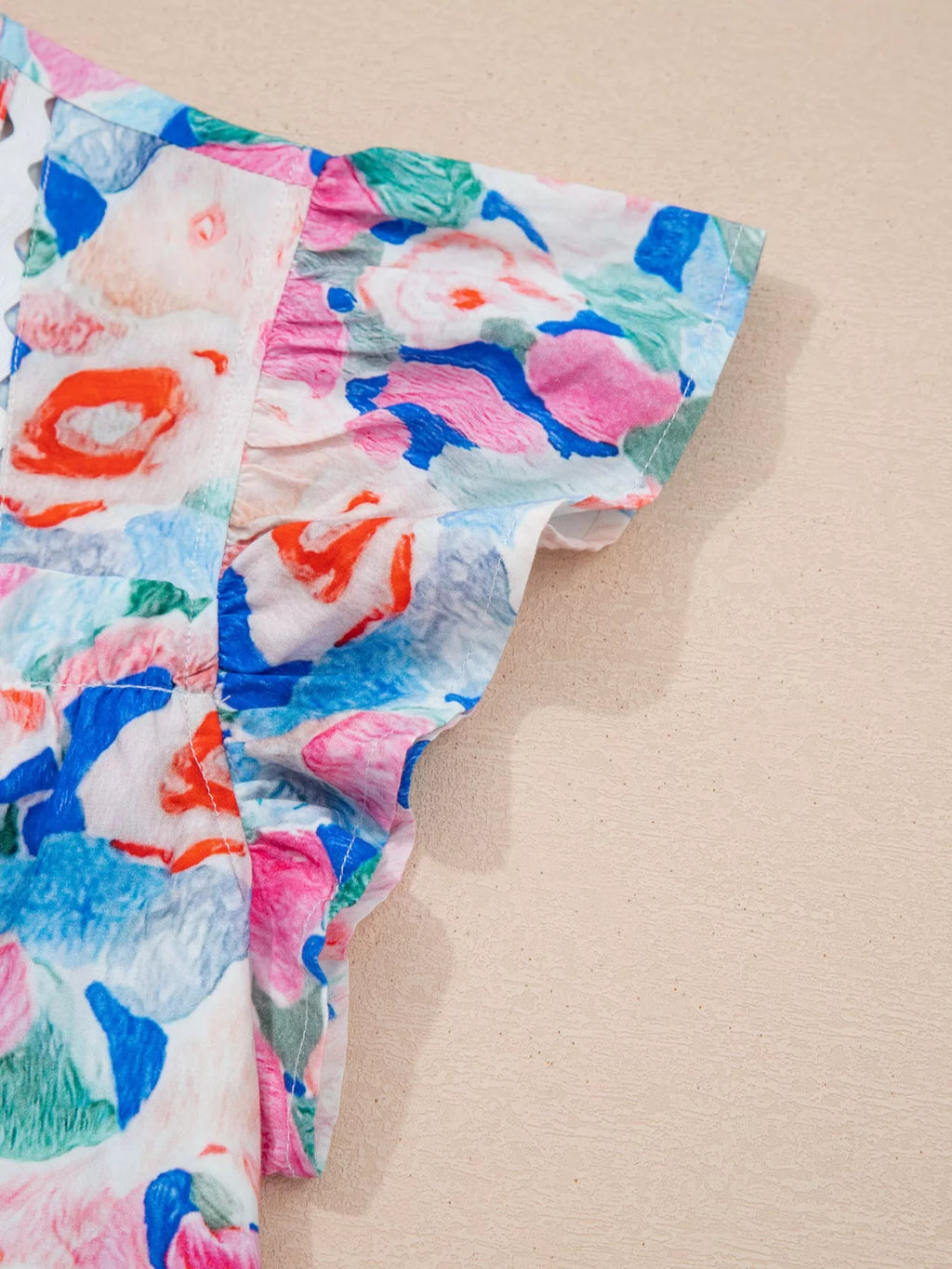 Floral Print Tie V Neck Contrast Detail Ruffle Short Sleeve Blouse