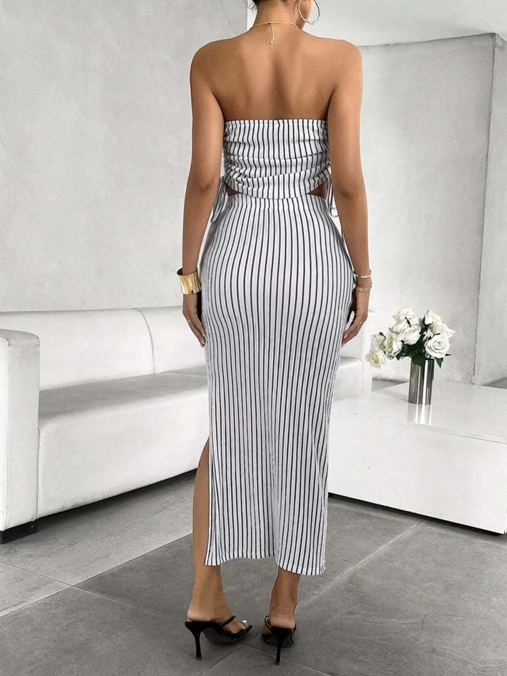 Striped Tube Top and Slit Skirt Set