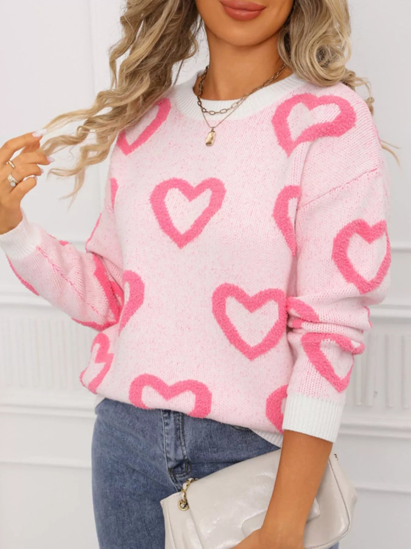 Valentine's Day Heart Pattern Round Neck Sweater