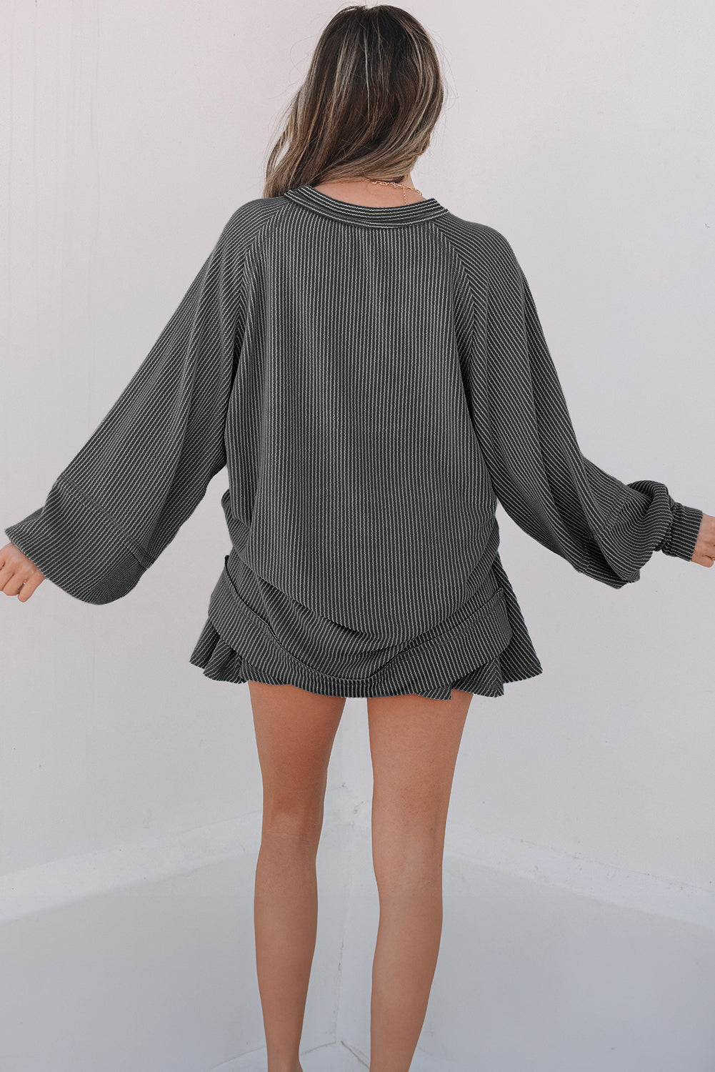 Sky Blue Corded Lantern Sleeve Top High Waist Ruffled Mini Skort Set
