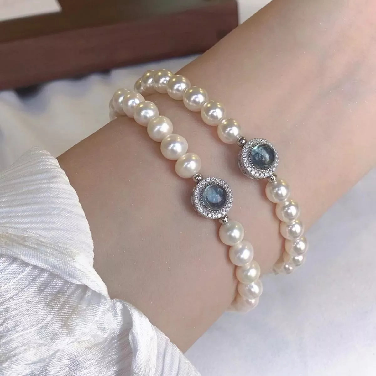 925 Sterling Silver Zircon Bead Pearl Bracelet