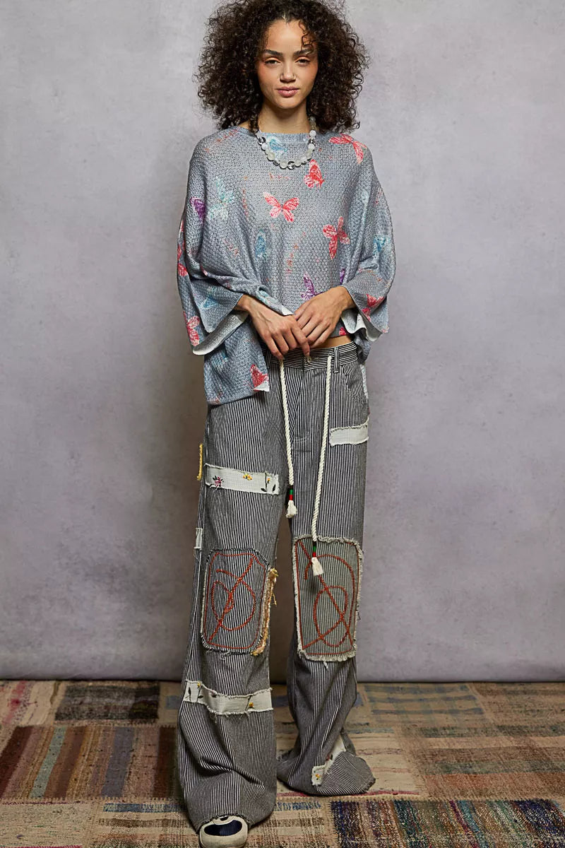 POL Butterflies Pattern Round Neck knit Top with Outseam Rolling Edge