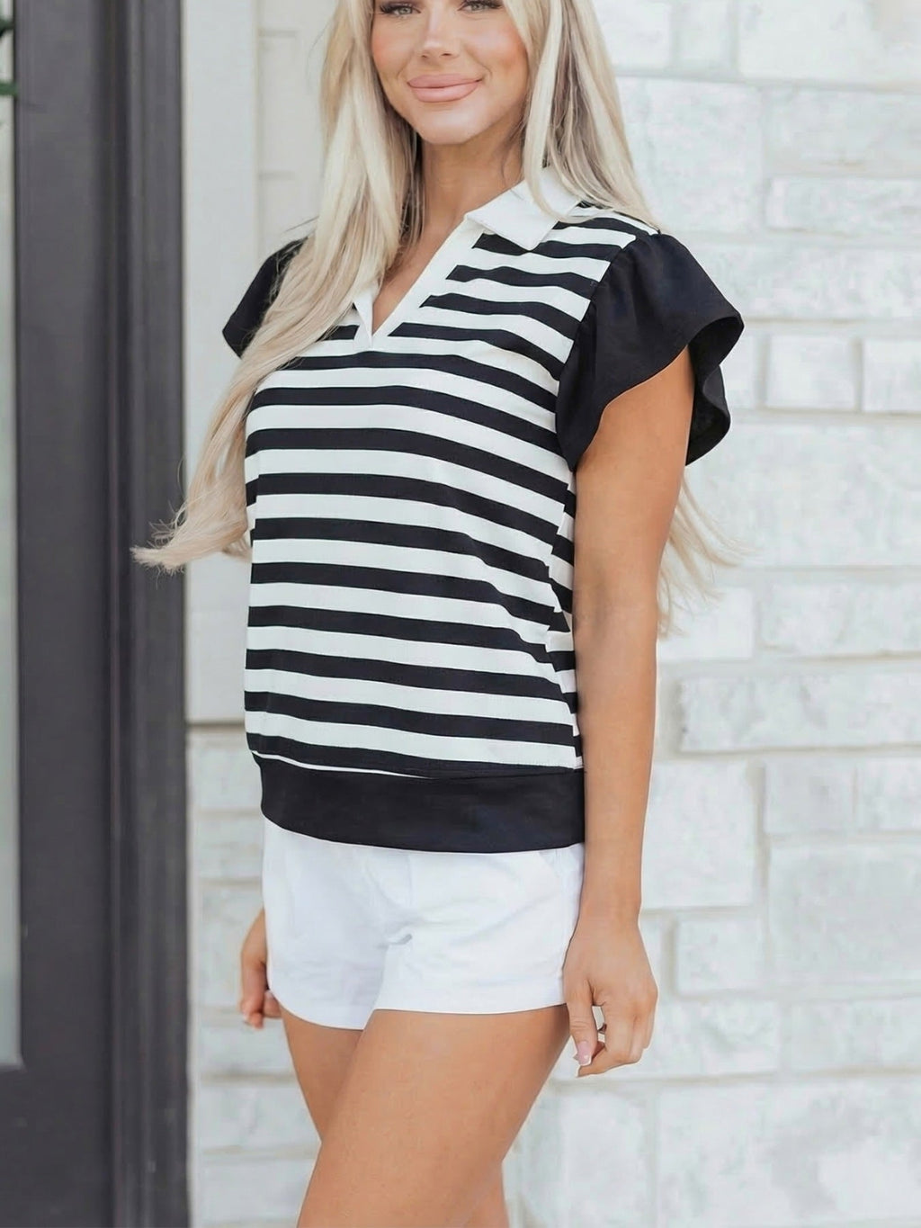 Striped Ruffled Sleeve Blouse