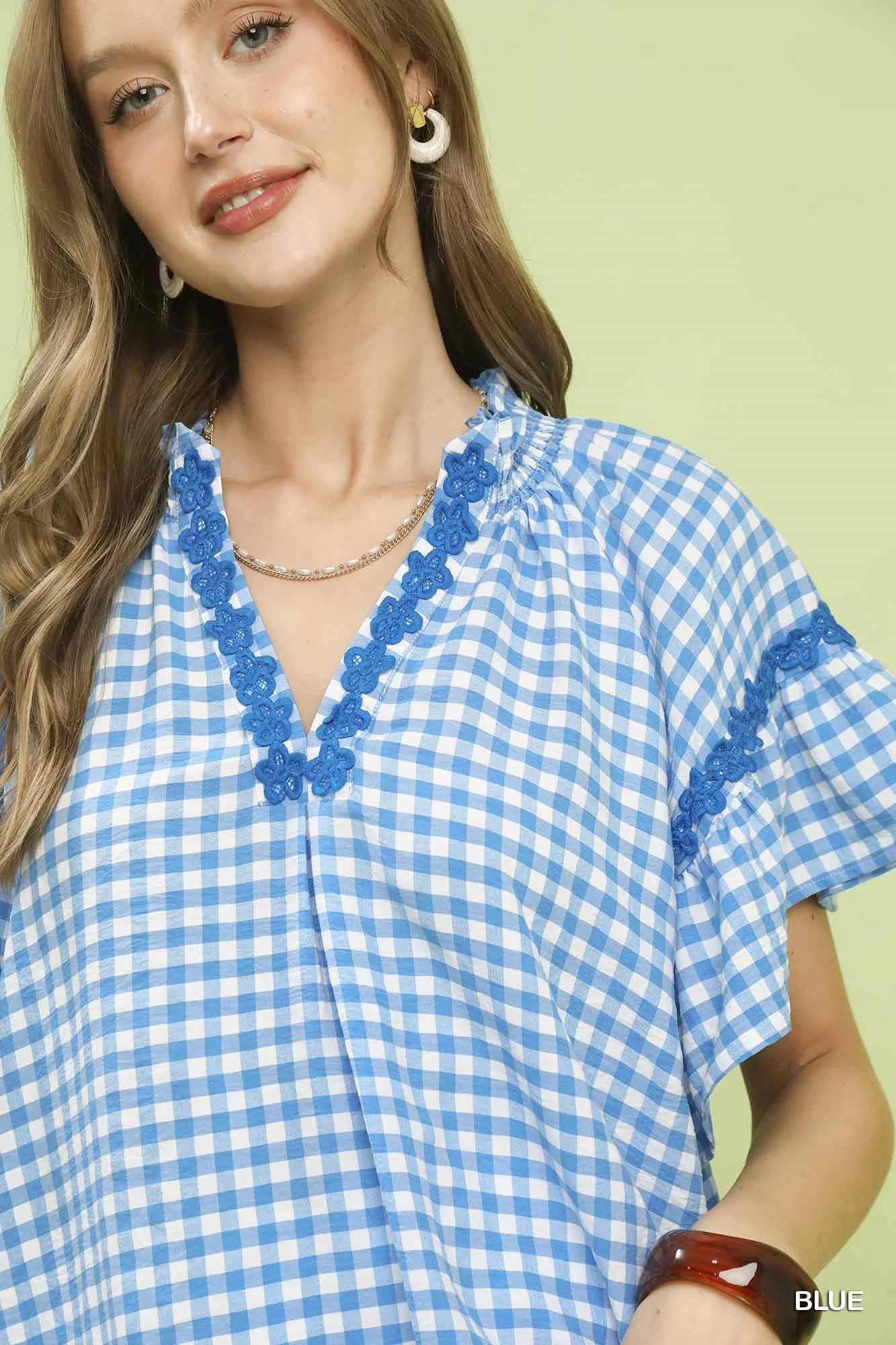 Umgee Gingham Lace Trim Top