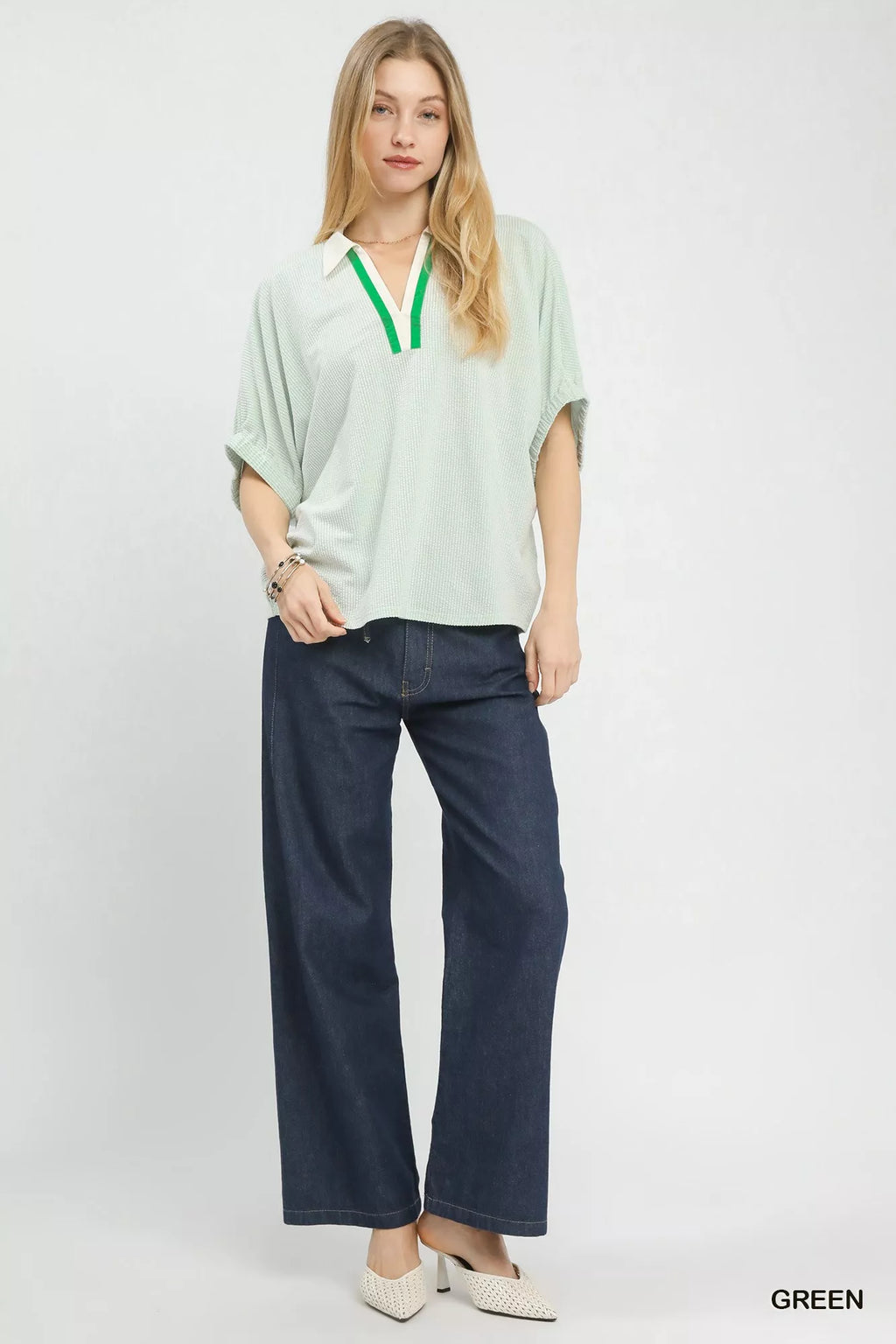 Umgee Contrast Collar V-Neck Top