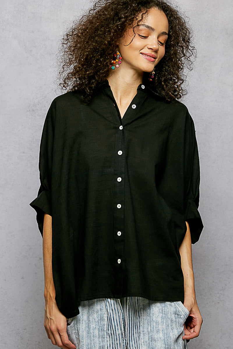 POL Button Down Half Dolman Sleeve Shirt