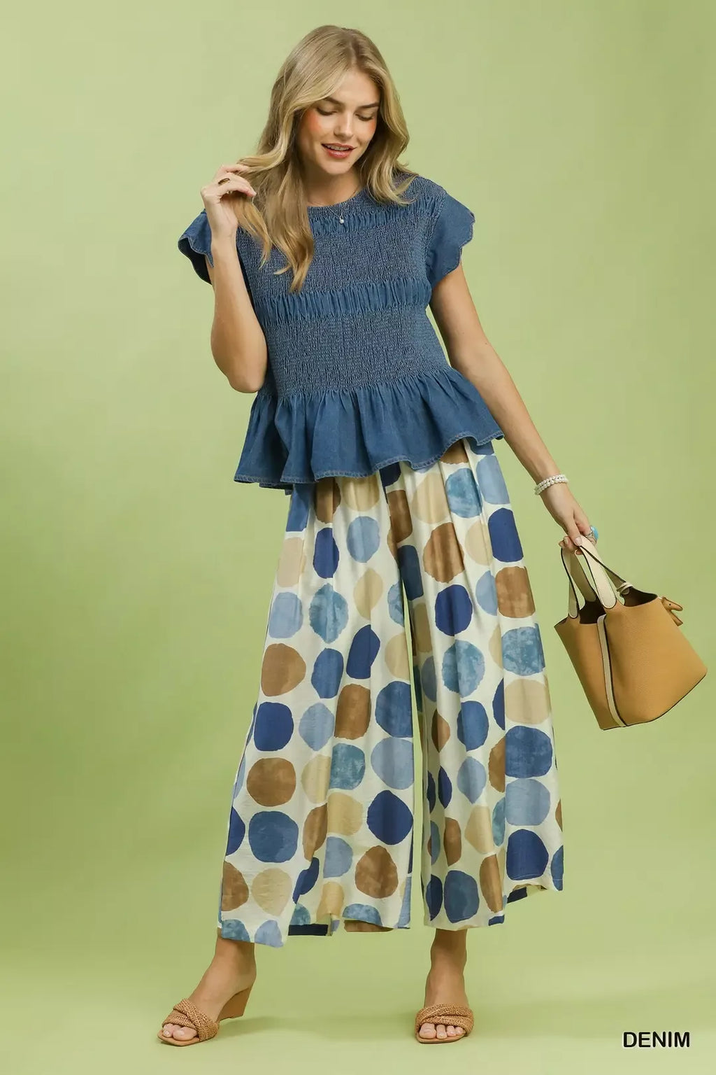 Umgee Smocked Peplum Top with Scalloped Ruffle Cap Sleeves