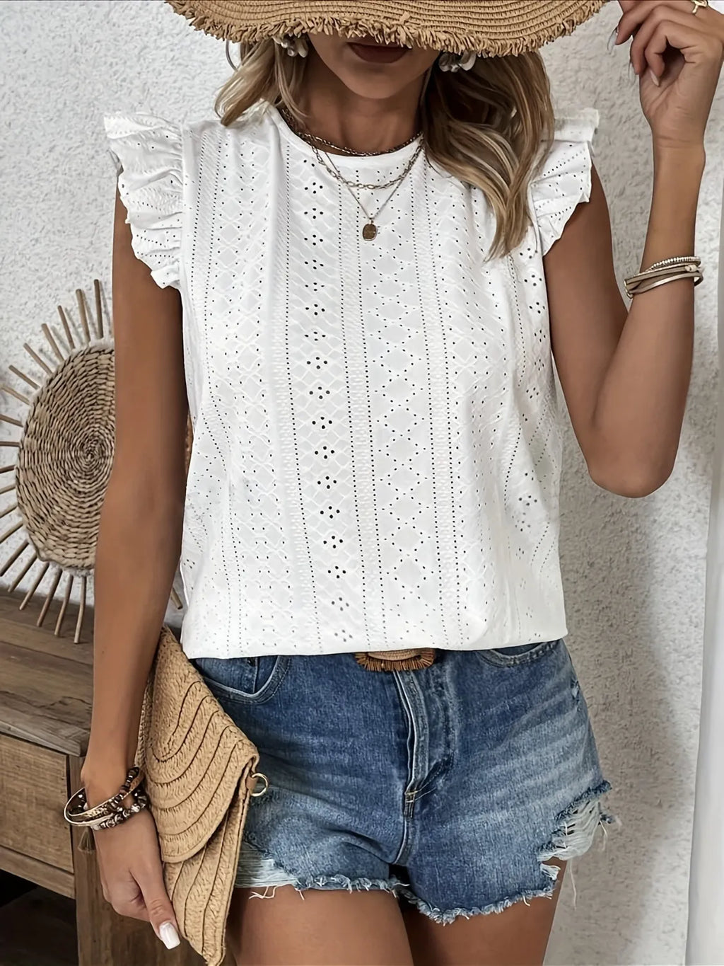 Eyelet Round Neck Cap Sleeve Blouse