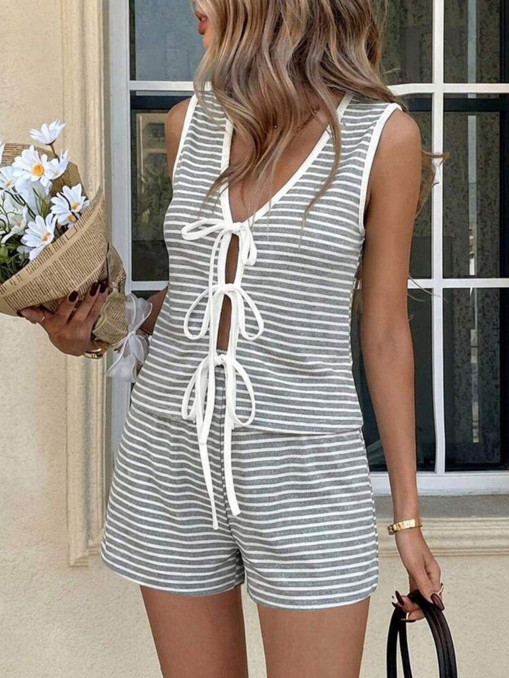 Striped Knit Tie-Front Sleeveless Top & Shorts Set