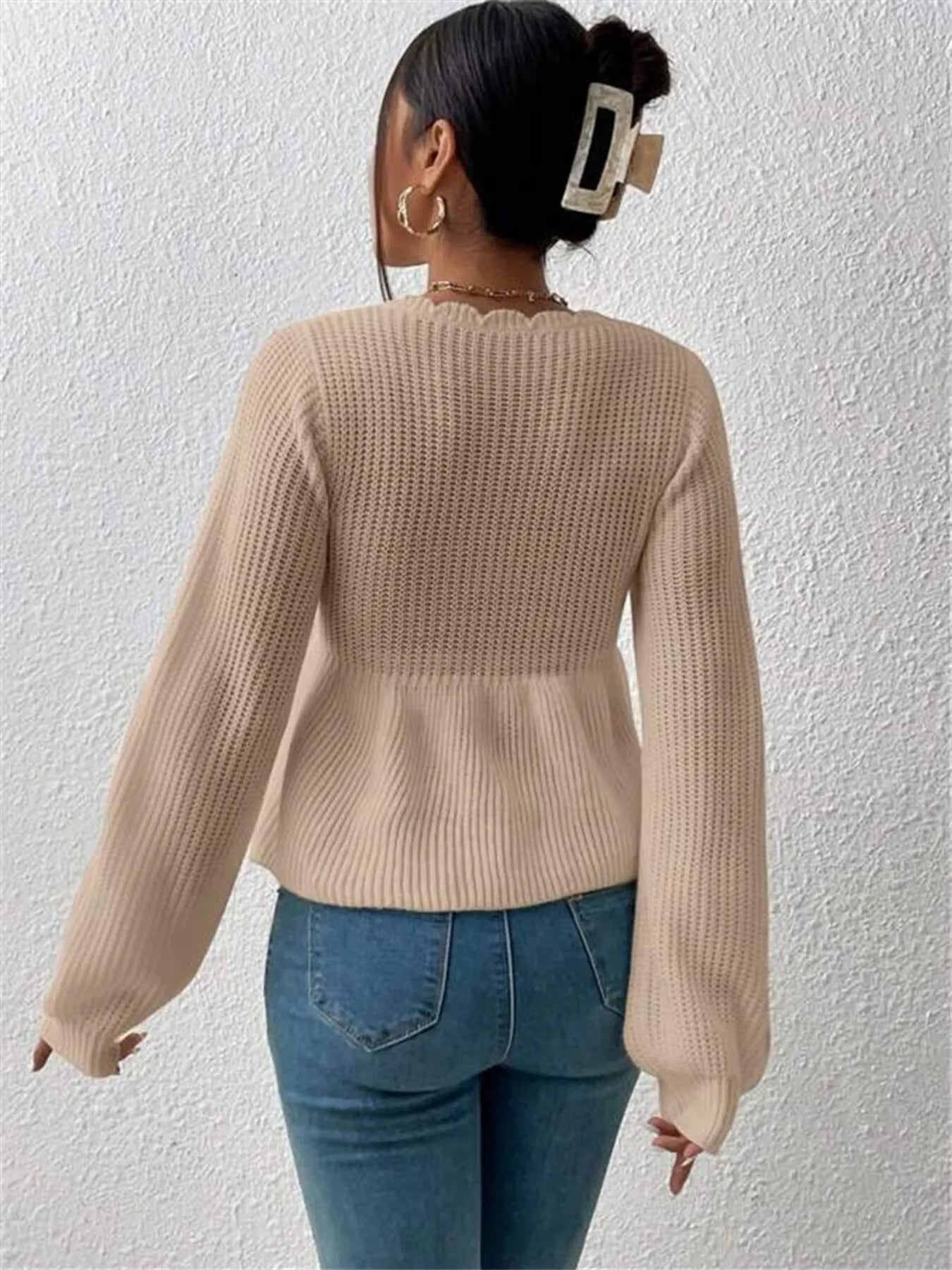 Scalloped V-Neck Drawstring Knit Top