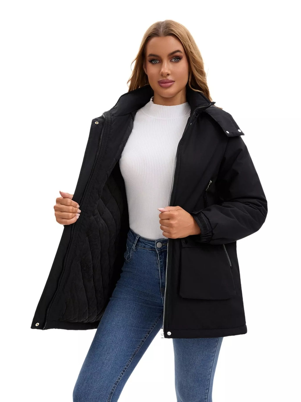 Full Size Zip Up Hooded Parka Outerwear Plus Size