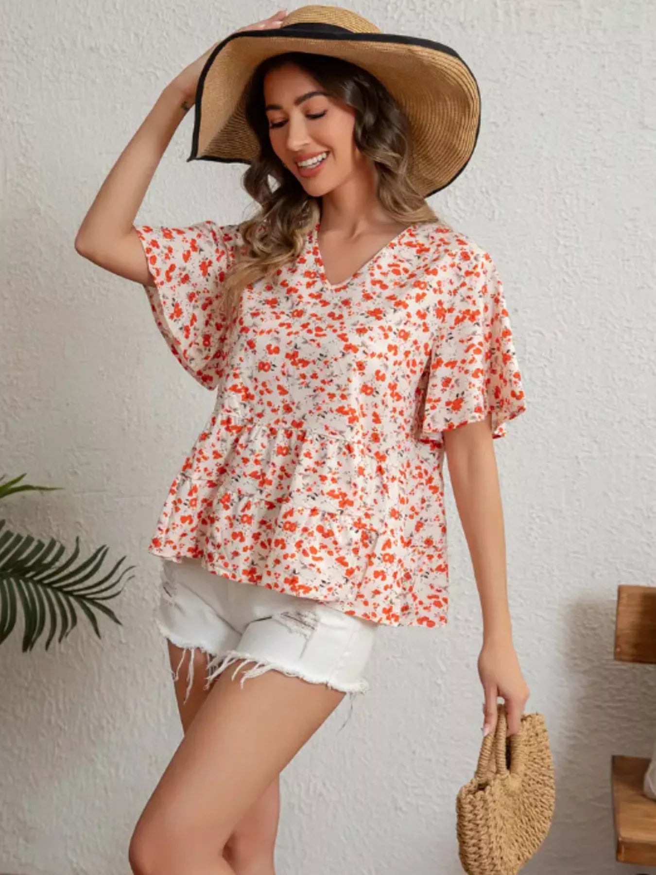 Floral Print V-Neck Ruffle Sleeve Peplum Blouse