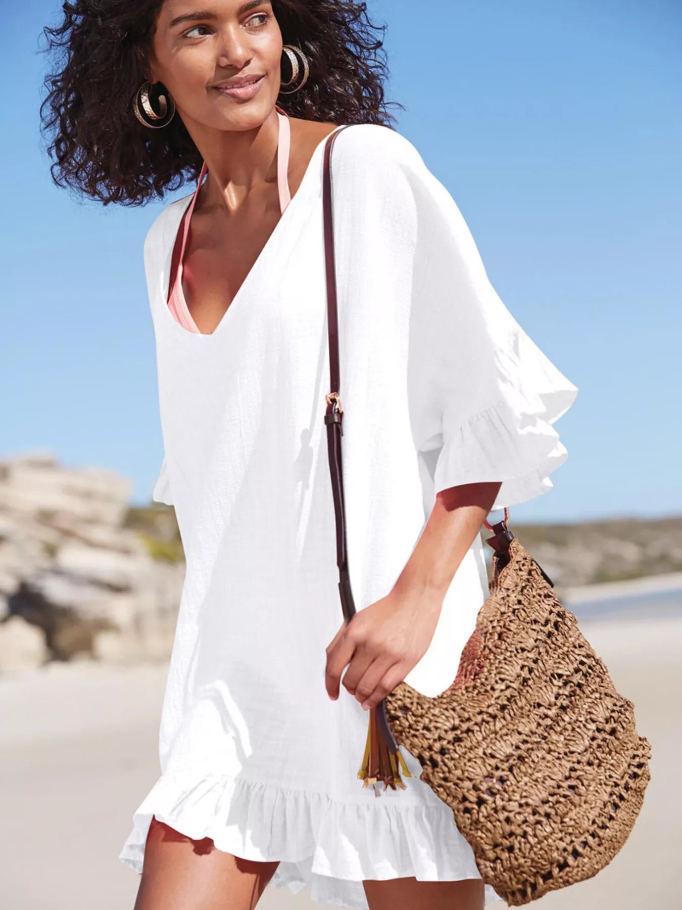 Ruffled Trim V-Neck Cover-Up Dress