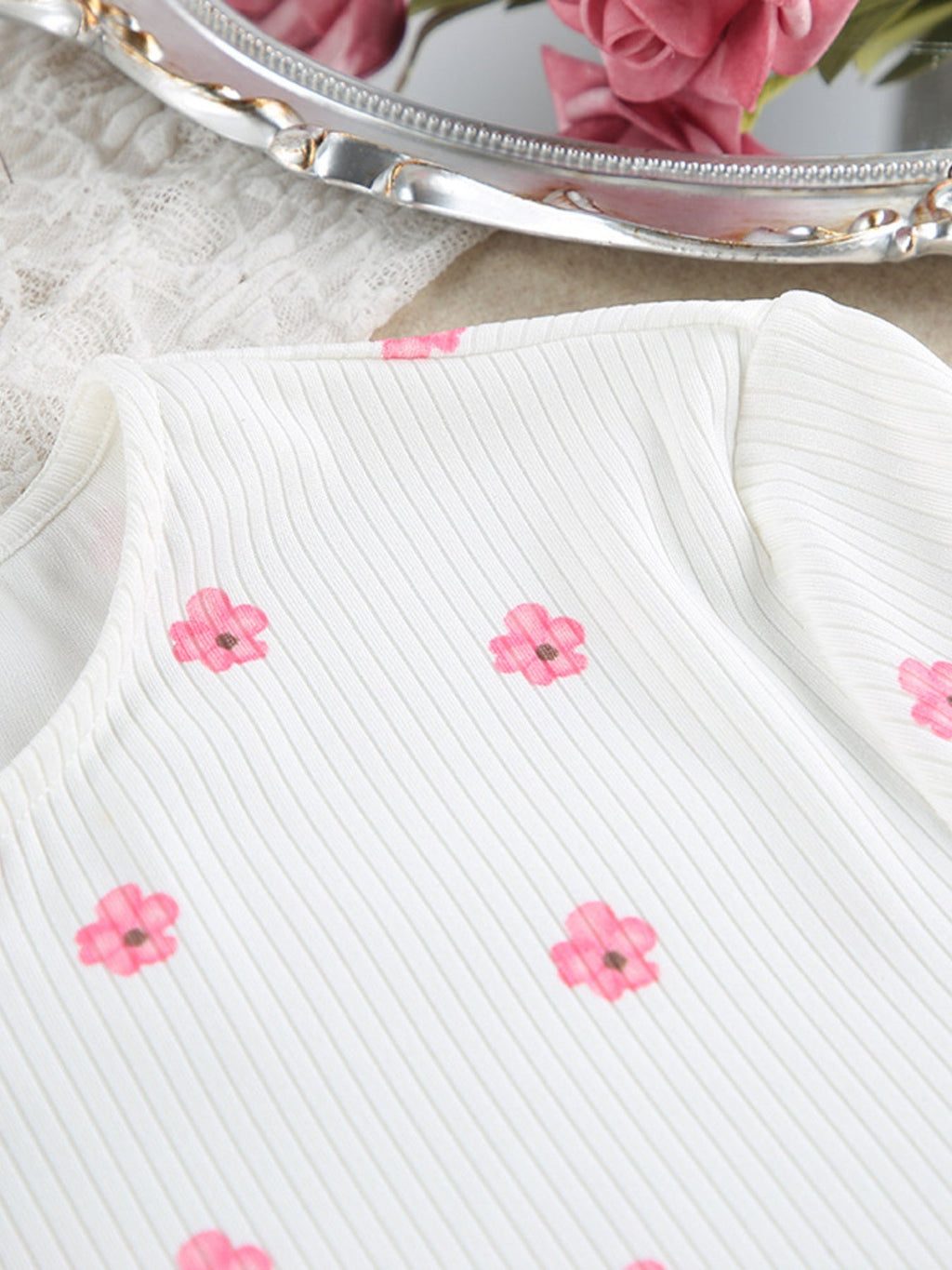 Floral Print Ribbed Knit Top and Shorts Lounge Set