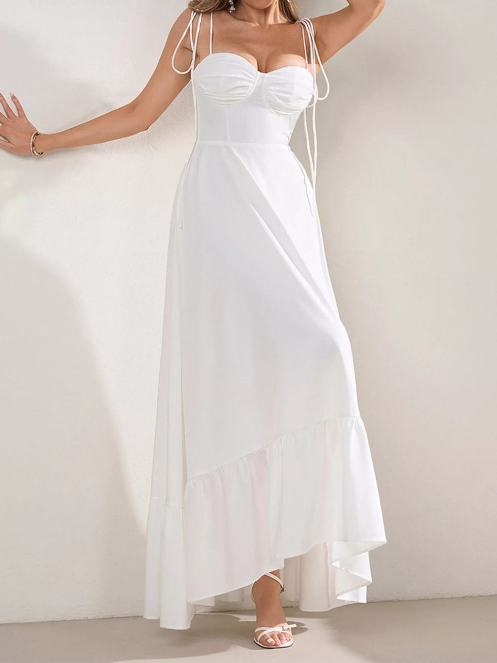 Sweetheart Neck Tie-Strap Ruffle Hem Maxi Dress