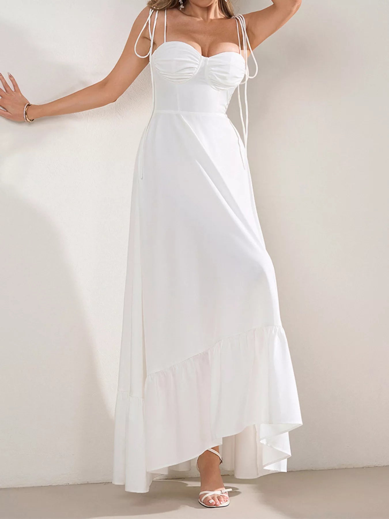 Sweetheart Neck Tie-Strap Ruffle Hem Maxi Dress