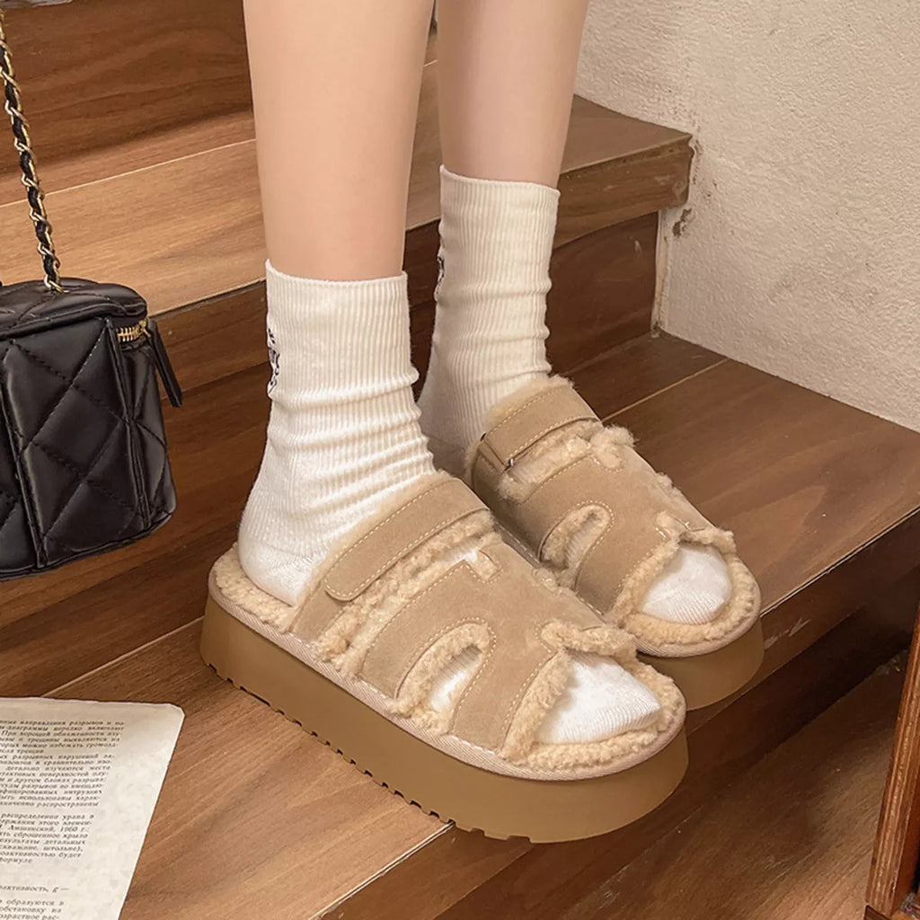 Fluffy Platform Velcro Slippers