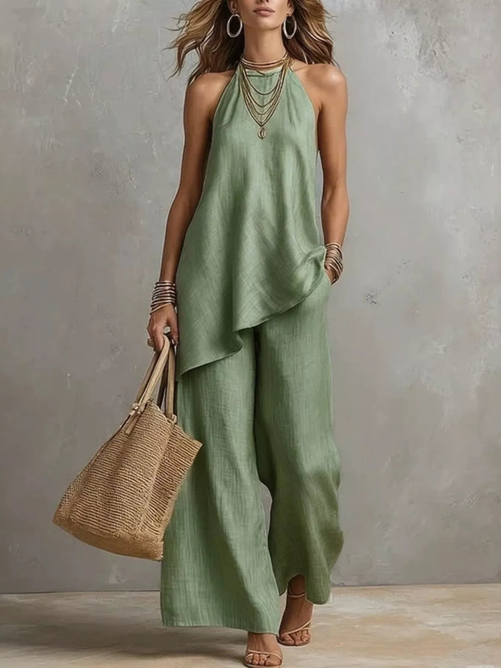 Full Size Asymmetrical Hem Cami and Wide Leg Pants Set Plus Size