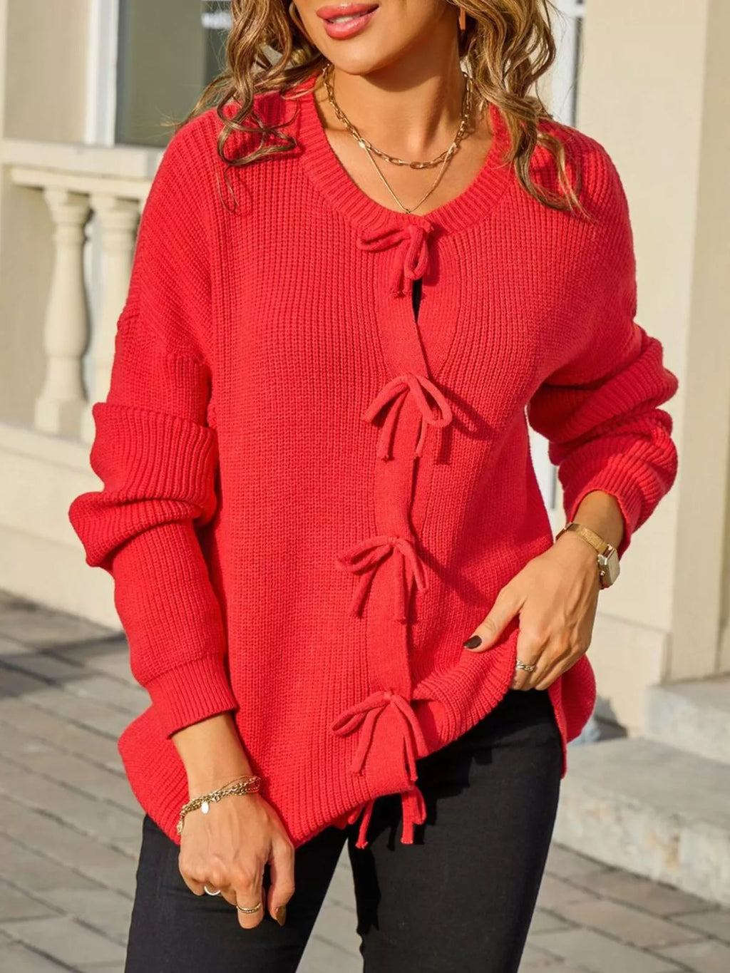 Ribbed Knit Bow-Tie Cardigan