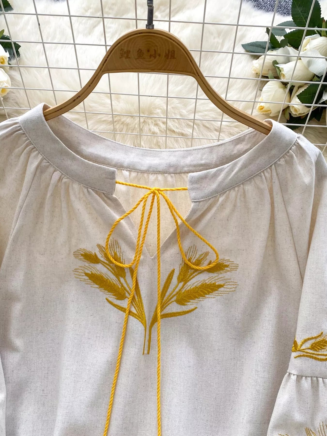 Embroidered Wheat Pattern Tie Neck Blouse
