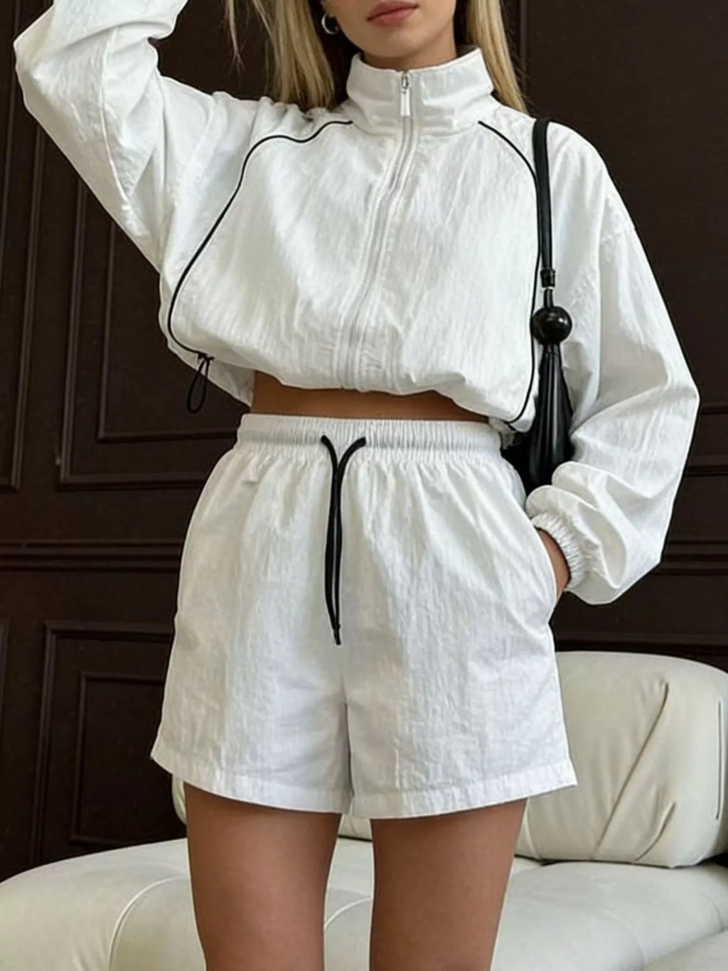 Zip Up Long Sleeve Outerwear and Shorts Set