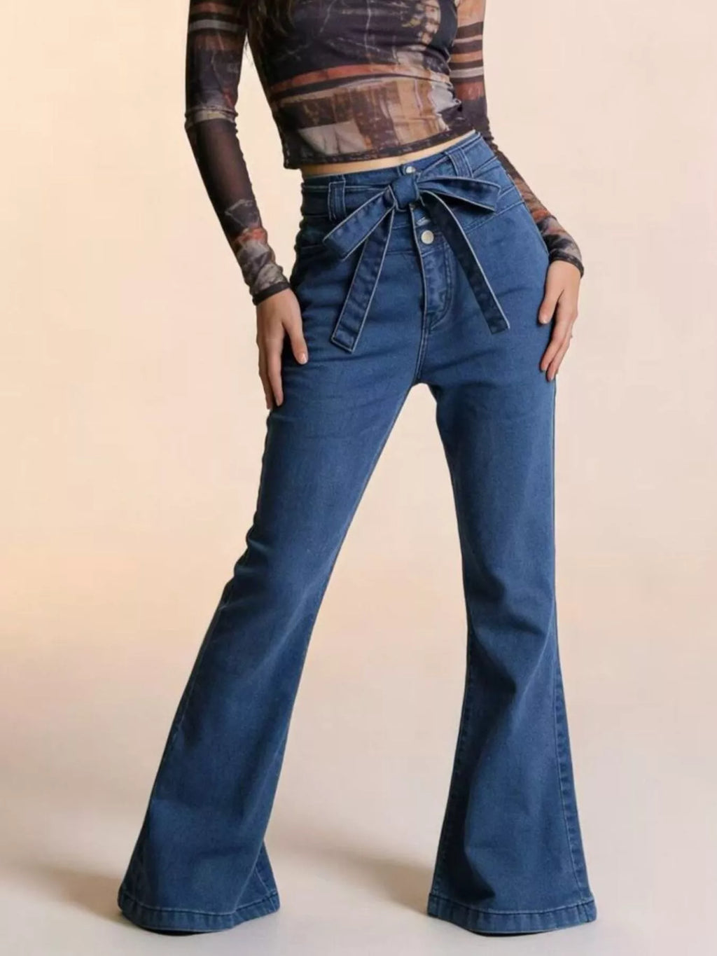 Bow-Tie High-Waisted Flare Jeans