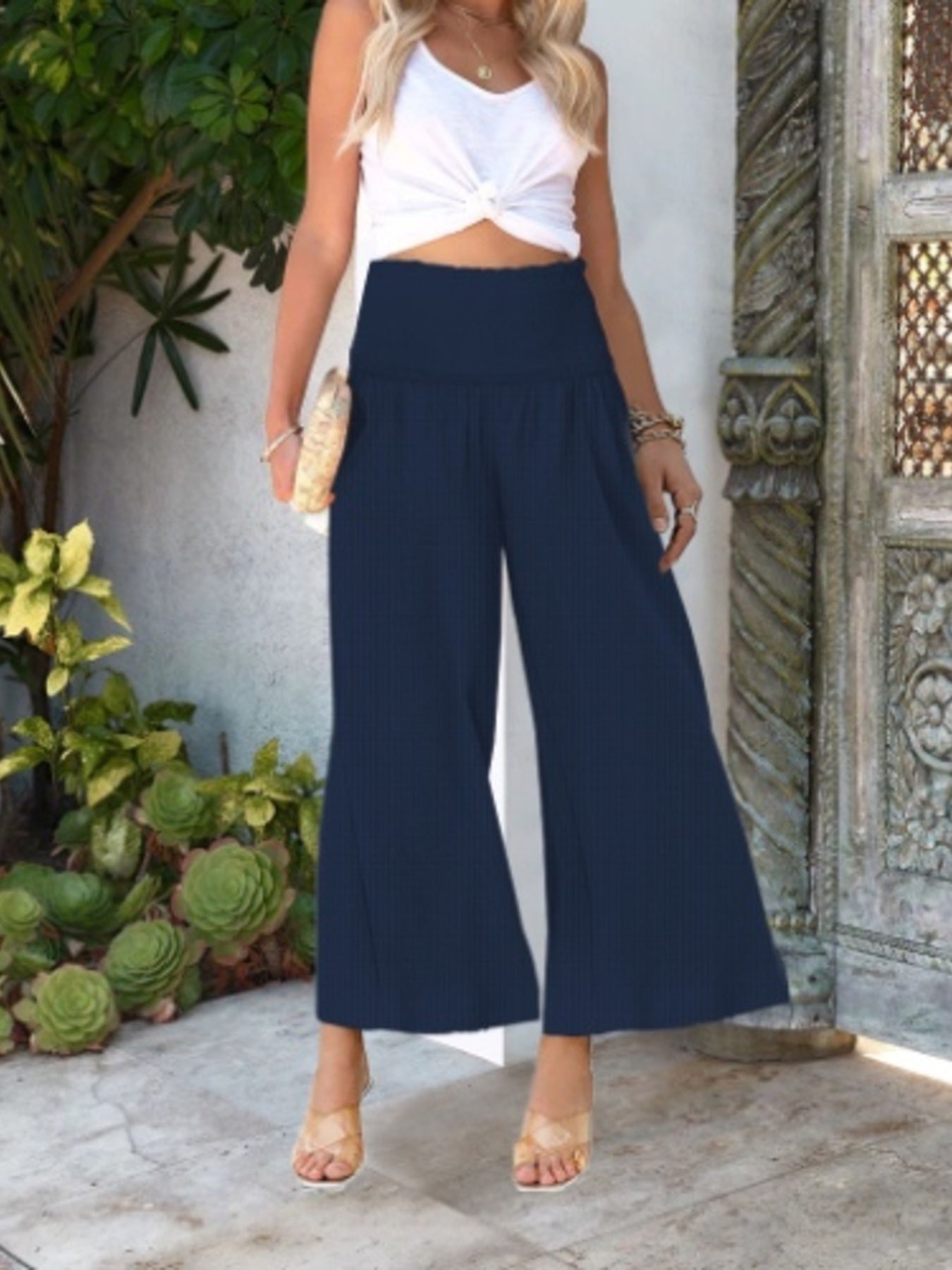 Wide-Leg Smocked Waist Pants