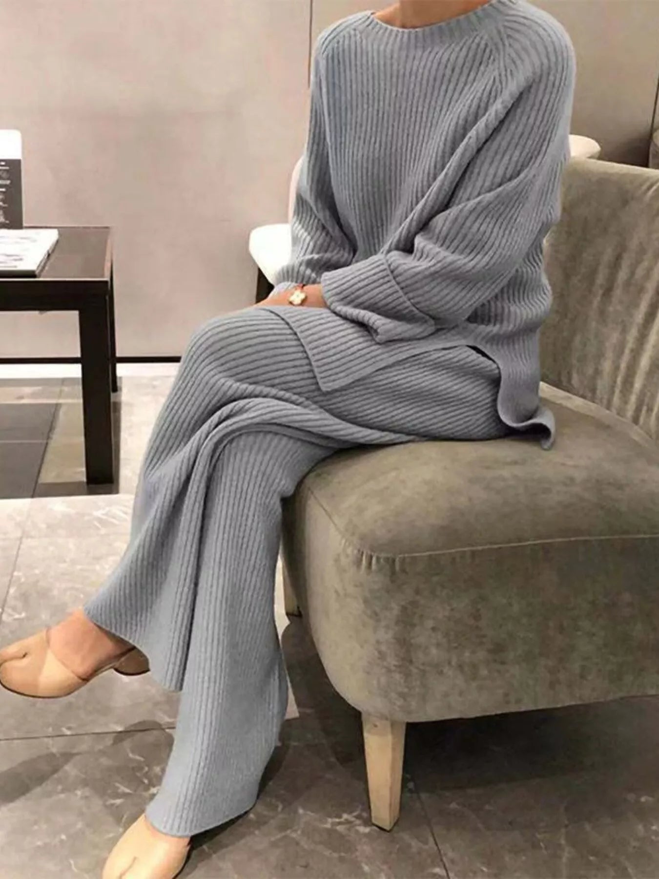 Full Size Ribbed Knit Relaxed Fit Top and Pants Sweater Set Plus Size