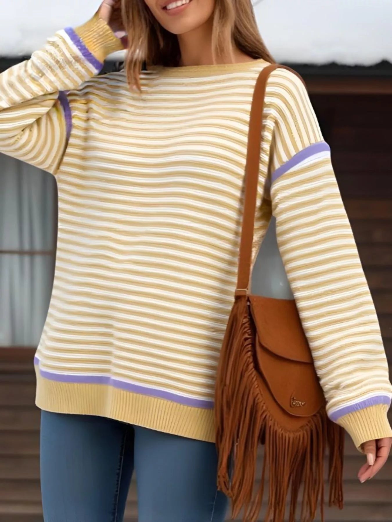 Striped Round Neck Long Sleeve Sweater