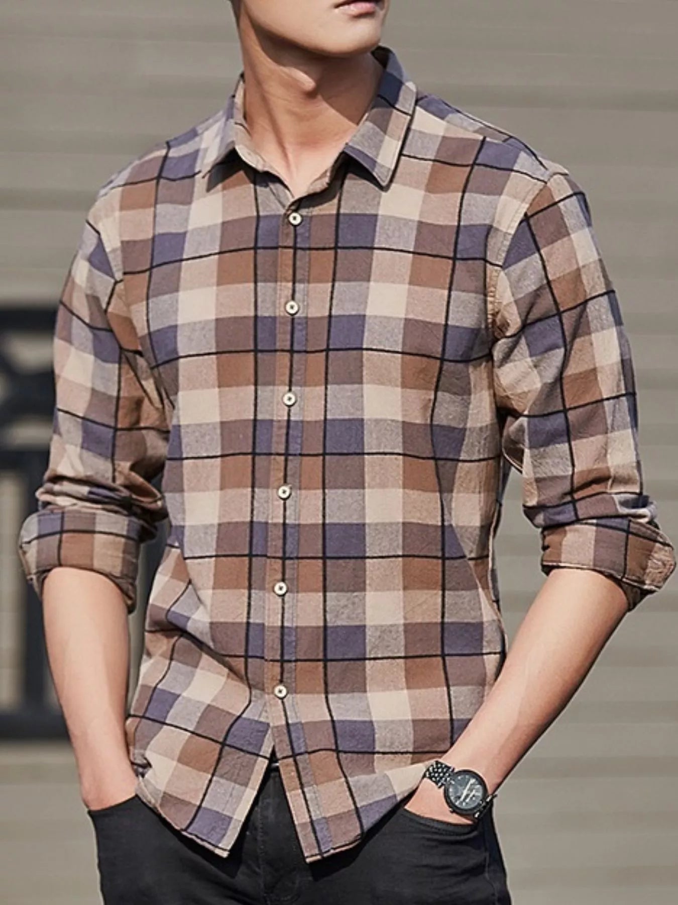 Men's Full Size Casual Plaid Long Sleeve Shirt Plus Size
