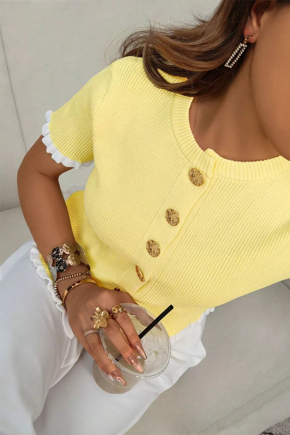 Ribbed Knit Contrast Frilled Short Sleeve Sweater Cardigan