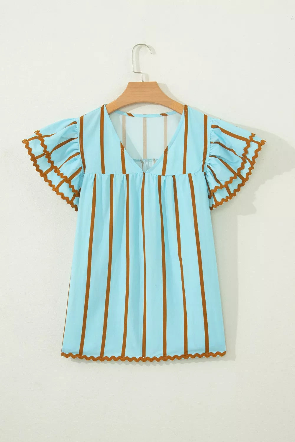 Stripe Ricrac Trim Double Ruffled Short Sleeve V Neck Blouse