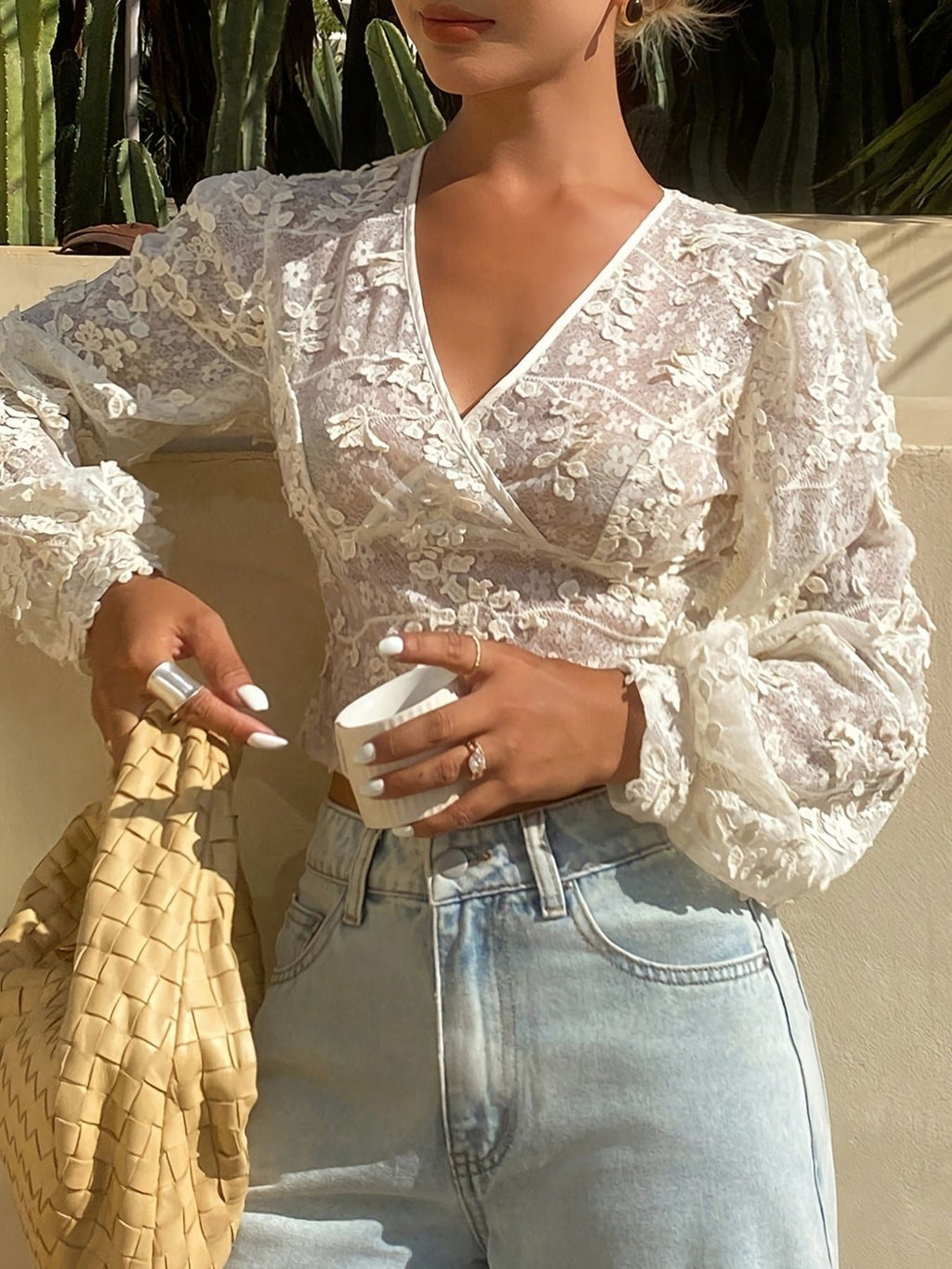 Lace Sheer Long Sleeve Wrap Blouse