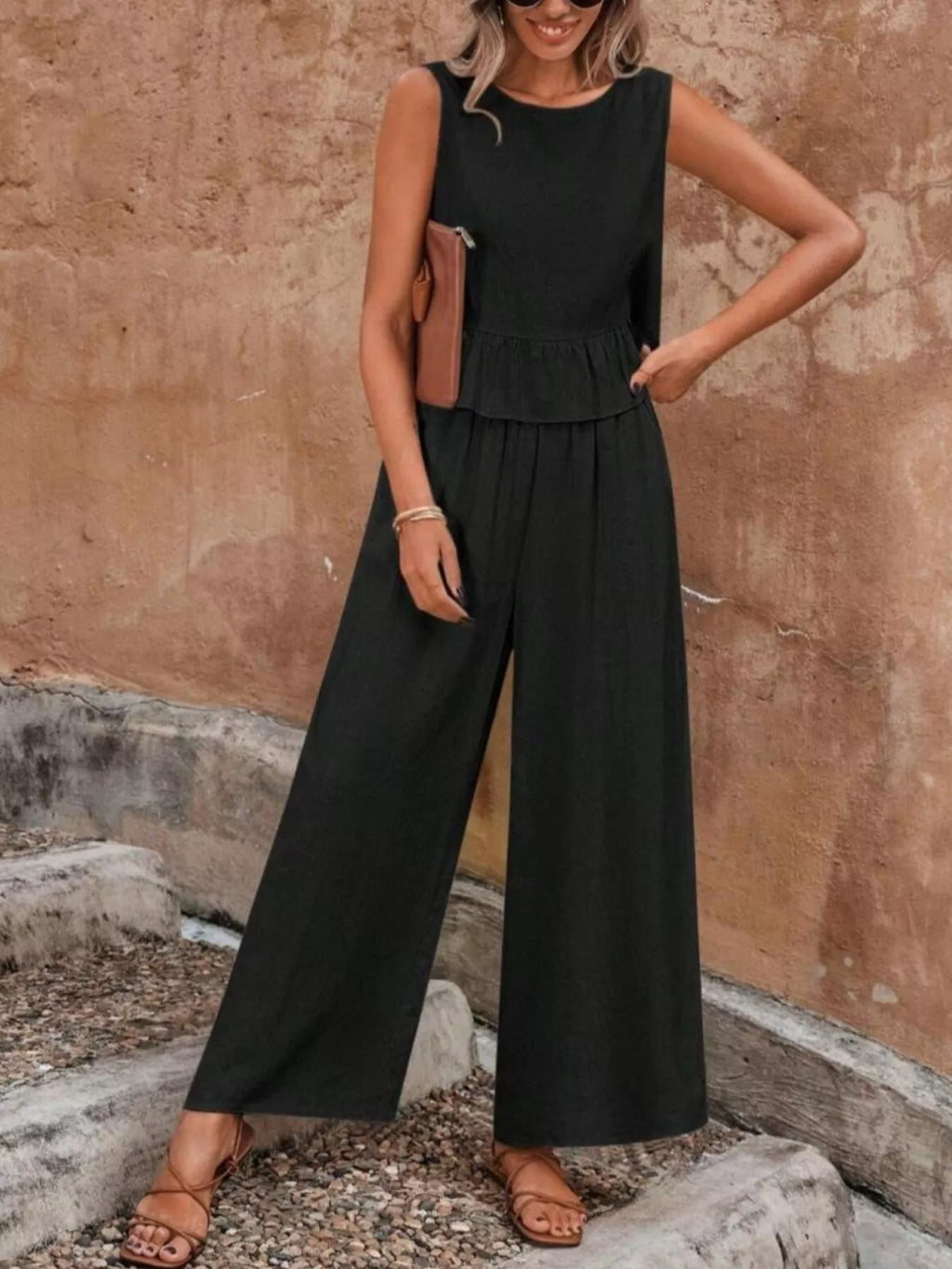 Sleeveless Ruffle Hem Top and Wide Leg Pants Two-Piece Set