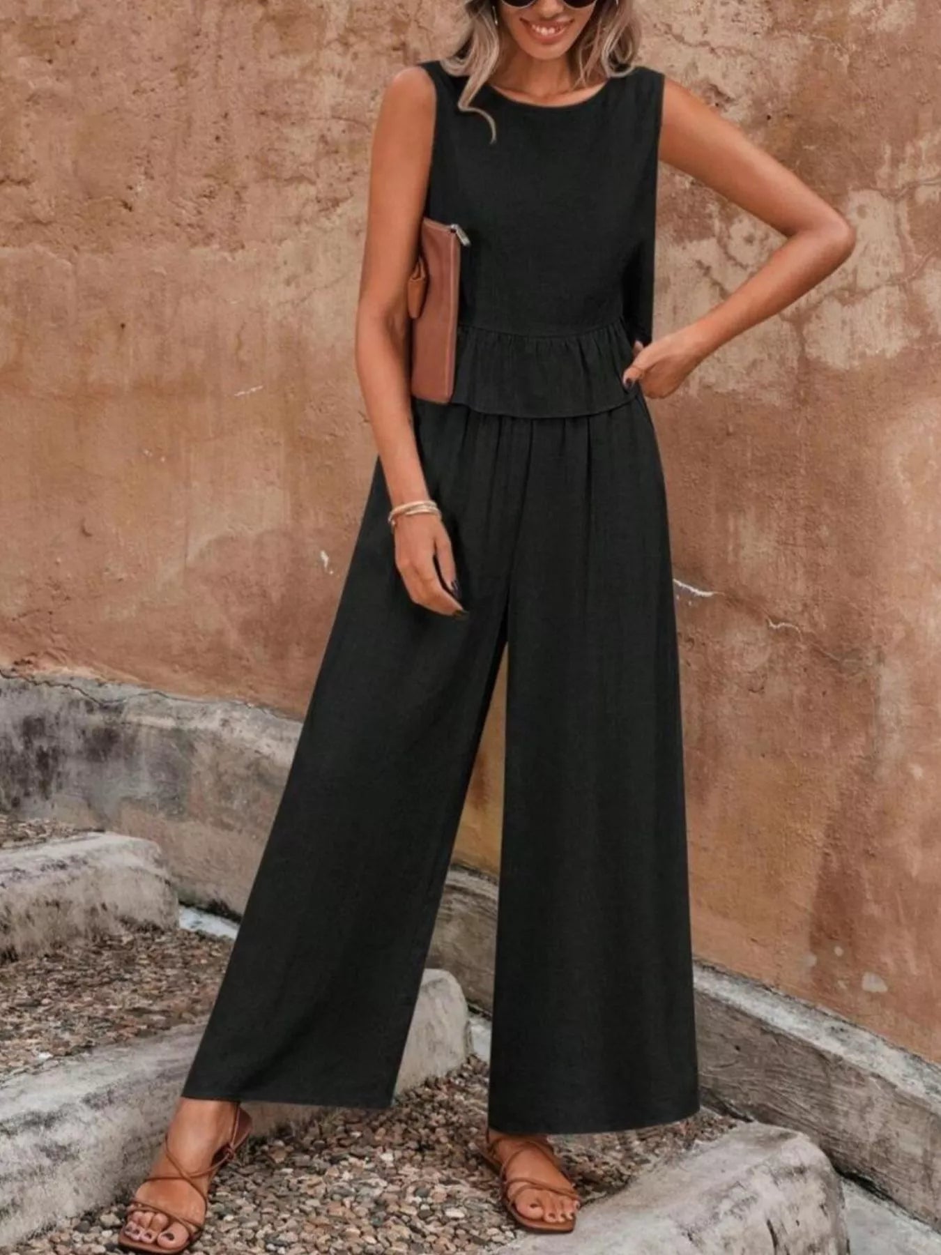 Sleeveless Ruffle Hem Top and Wide Leg Pants Two-Piece Set
