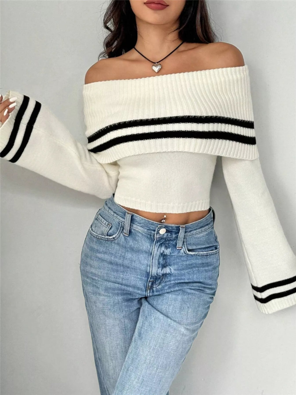 Off-Shoulder Striped Flare Sleeve Sweater