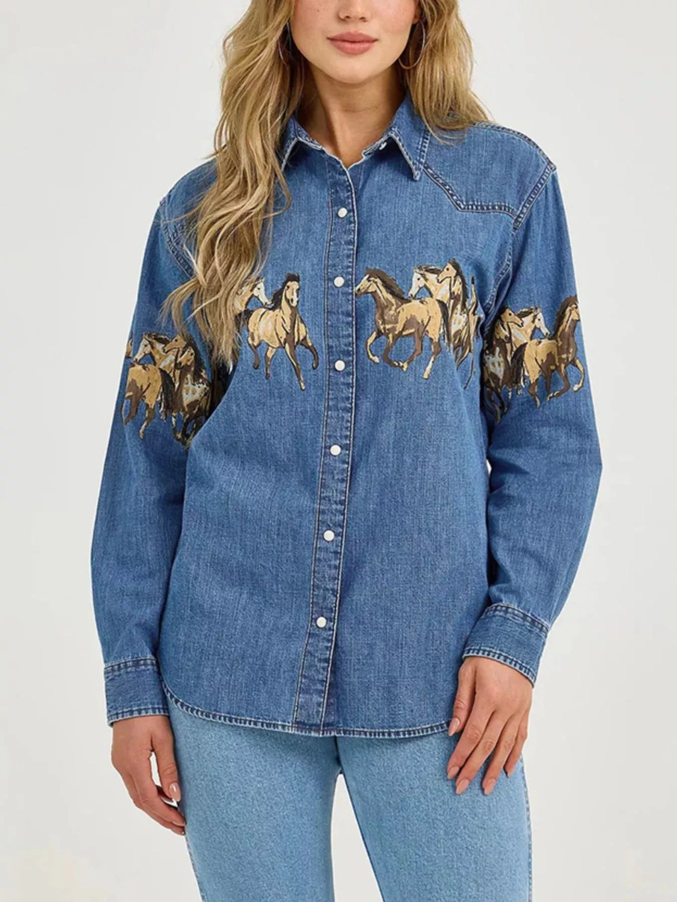 Horse Print Long Sleeve Denim Shirt