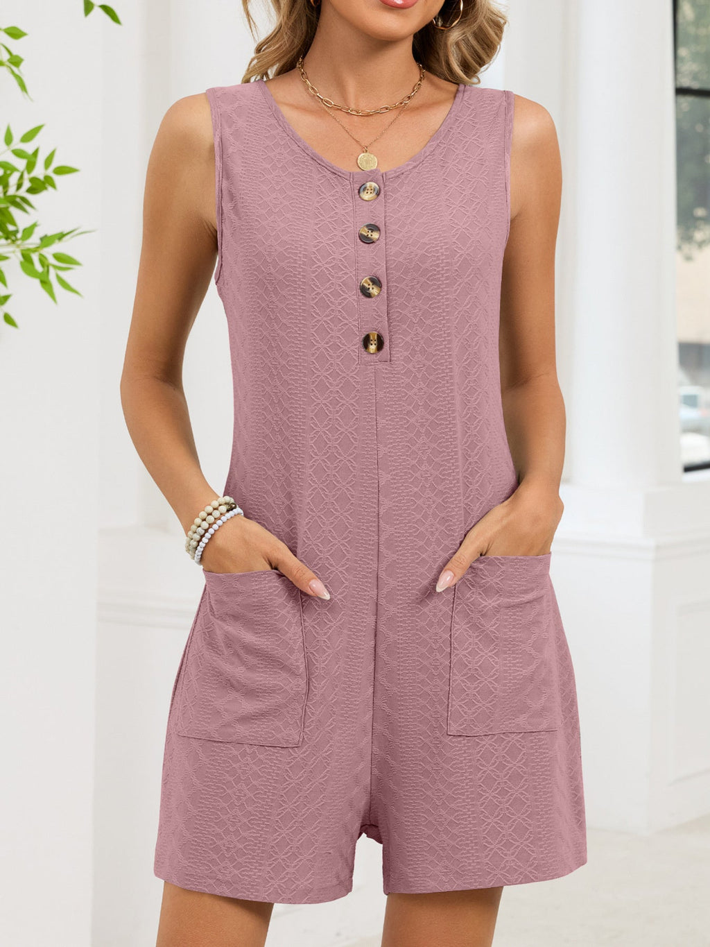 Button Front Sleeveless Romper