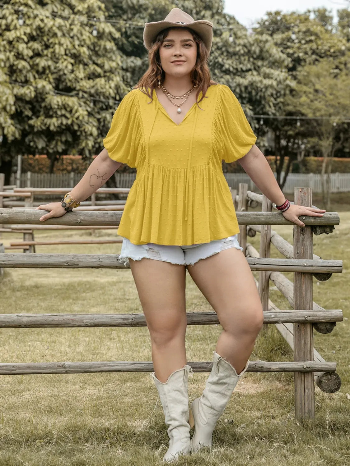Swiss Dot Tie Neck Short Sleeve Blouse