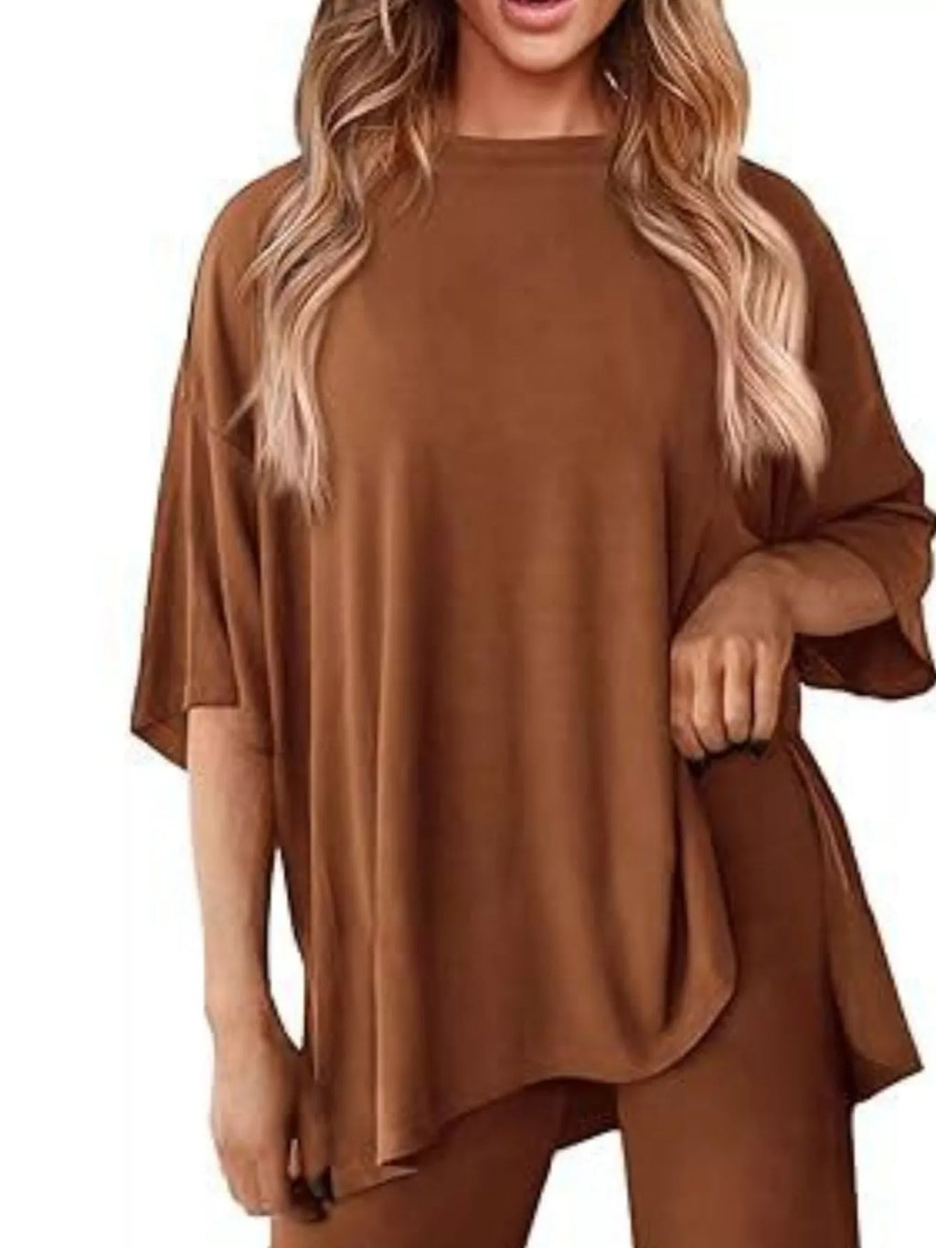 Slit Round Neck Top and Pants Set