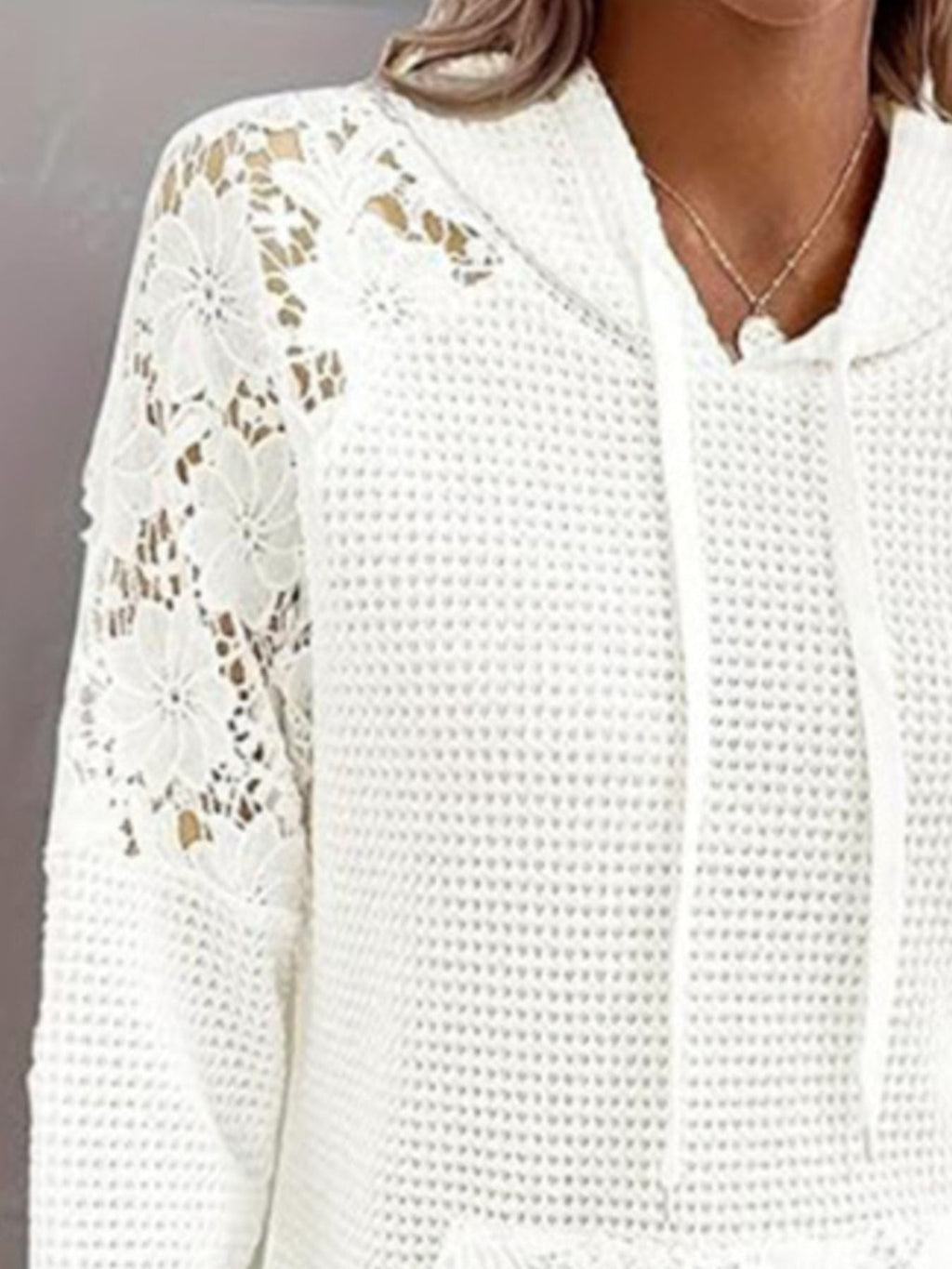 Full Size Lace Trim Waffle Knit Hoodie Plus Size