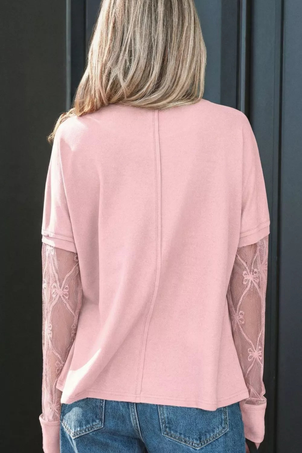 Solid Color Bow Textured Patchwork Long Sleeve Tee