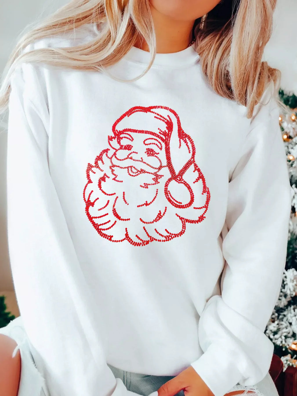 Christmas Santa Rhinestone Drop Shoulder Sweatshirt