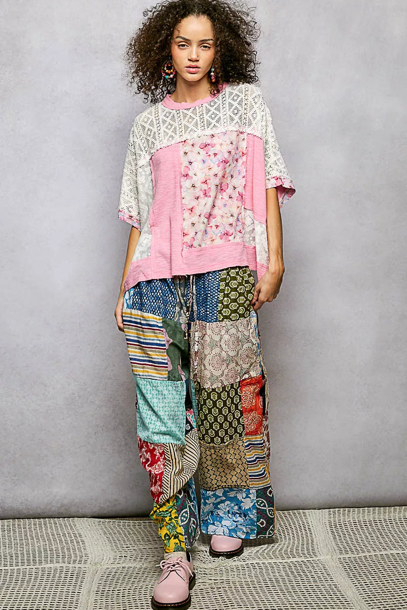 POL Floral Patchwork Lace Accent Blouse