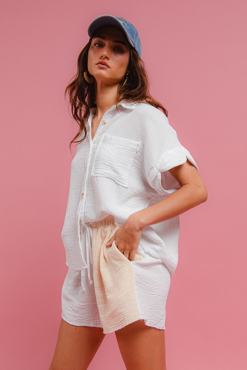 BiBi Wrinkled Gauze Solid Shirts Top and Shorts Set