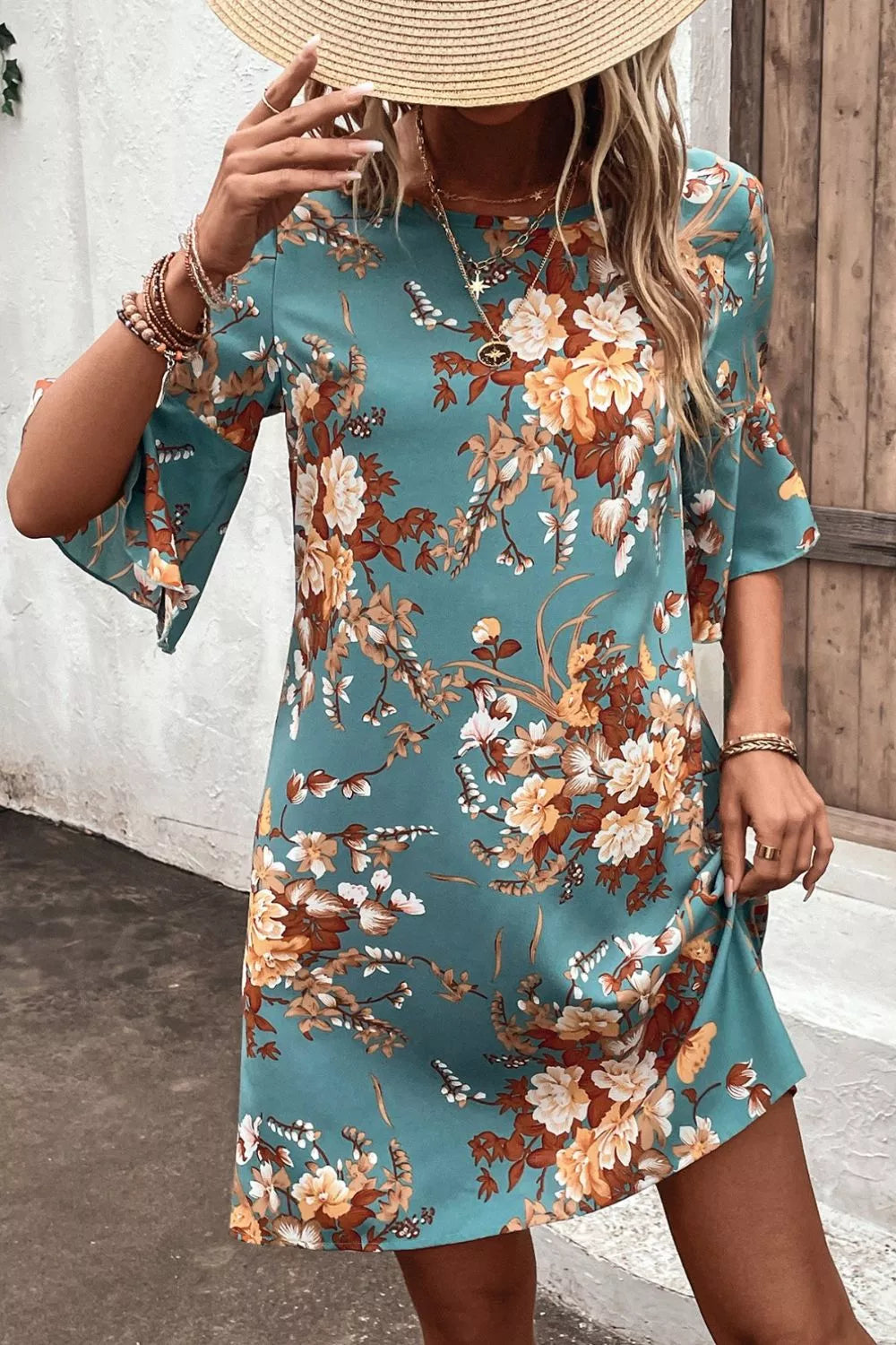 Floral Print Flounce Sleeve Casual Dress