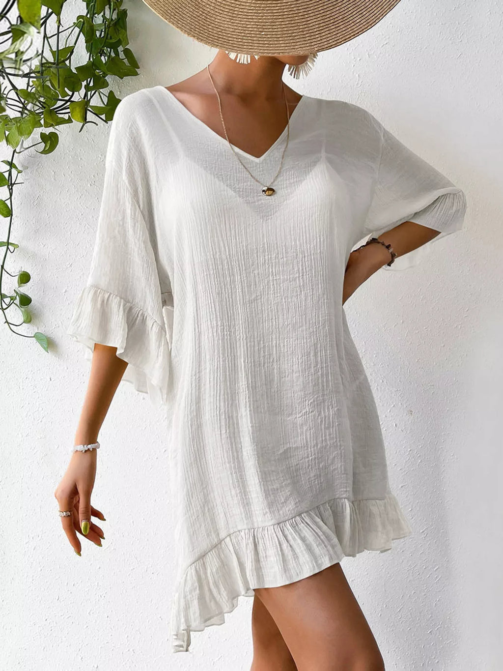 Ruffle Trim Butterfly Back V-Neck Cover-Up Dress