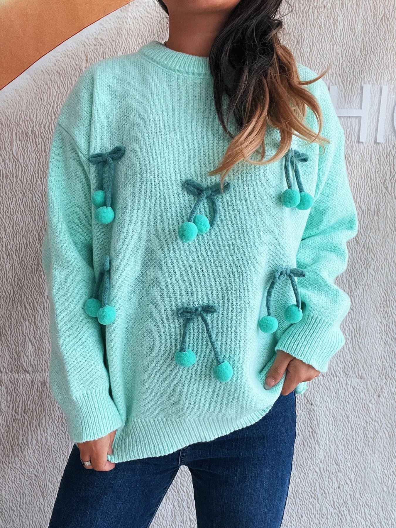 Cherry Round Neck Long Sleeve Sweater