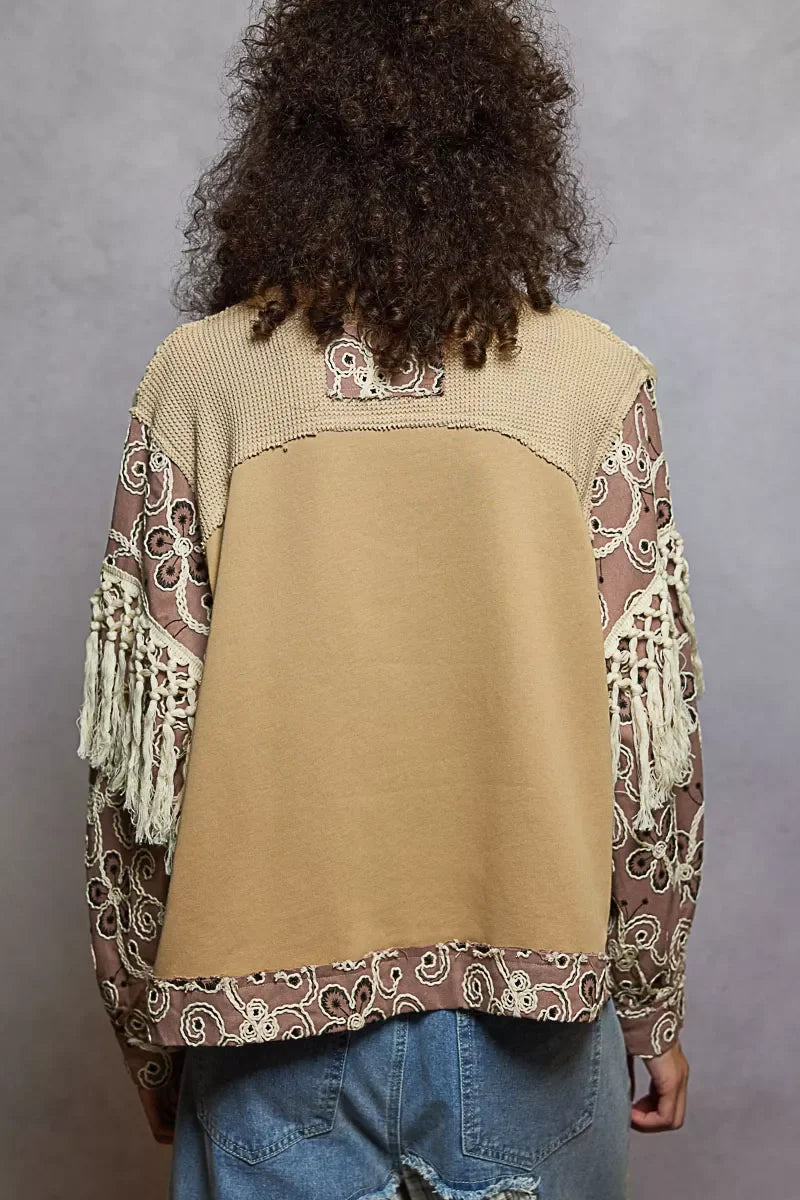POL Contrast Floral Embroidery Balloon Sleeve Top with Tassel Trim